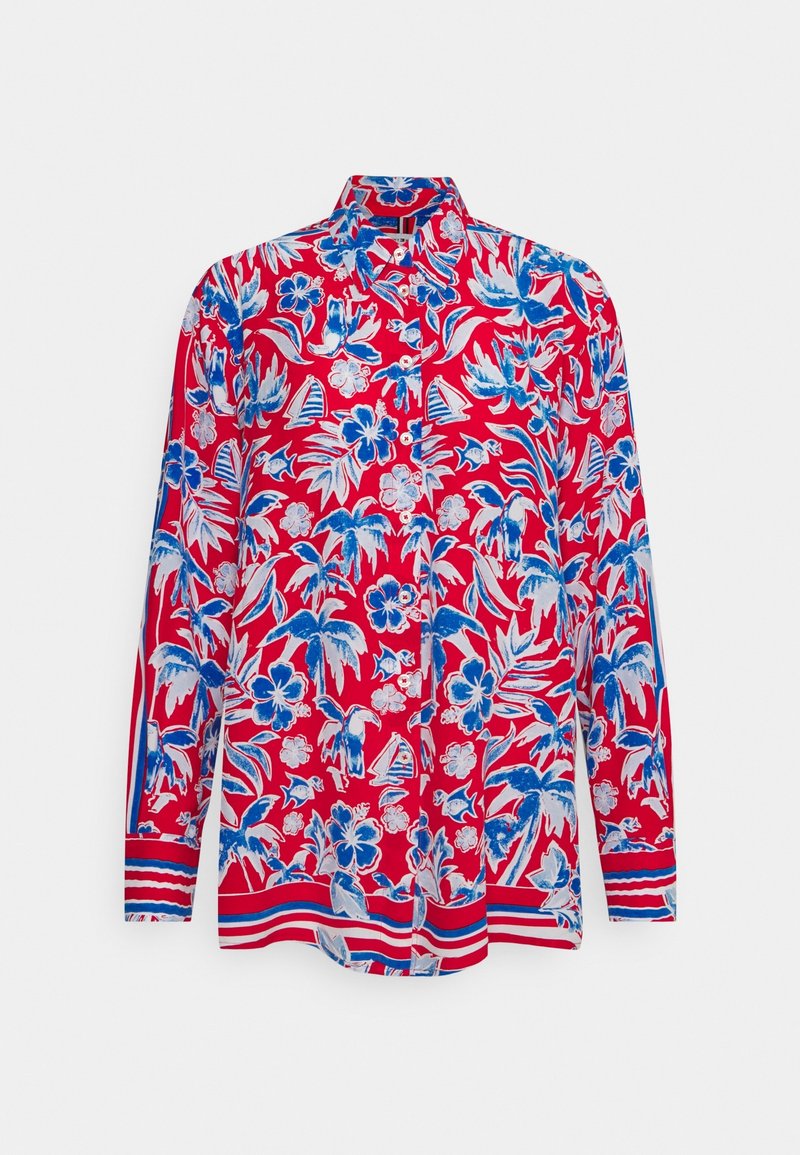 Camicia rossa a maniche lunghe con un motivo floreale blu e bianco, con colletto e dettagli a righe all'orlo e ai polsini.
