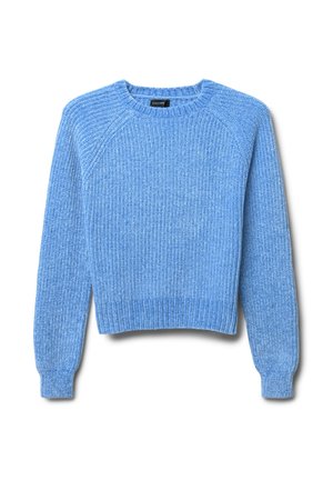 Pull en tricot bleu clair avec texture côtelée, col rond et manches longues. Coupe courte avec ourlet et poignets côtelés.