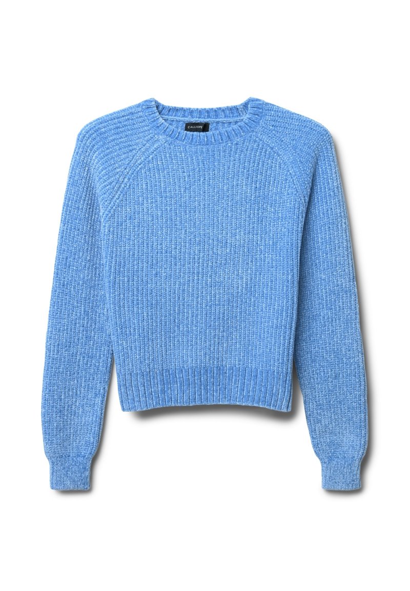 Maglione lavorato a maglia di un blu chiaro, con texture a coste, scollatura a crew e maniche lunghe. Fit corto con orlo e polsini a coste.