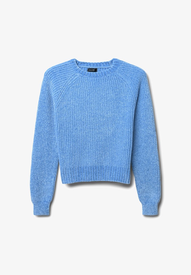 Maglione lavorato a maglia di un blu chiaro, con texture a coste, scollatura a crew e maniche lunghe. Fit corto con orlo e polsini a coste.