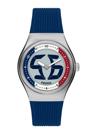 Silver Fossil wristwatch with blue strap, blue and red hour markings, and large stylized "55" on light blue dial.