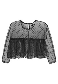 Blusa nera trasparente con maniche lunghe, texture a pois, scollatura rotonda e orlo a frange stratificate. Si chiude sul retro con un dettaglio a chiave.