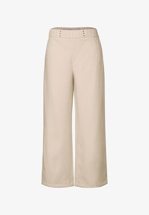 Beige wide-leg trousers with a smooth texture, featuring a flat waistband and decorative button accents at the front.