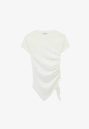 Weißes, eng anliegendes T-Shirt aus Rippstoff mit seitlichem Raffungselement und verstellbaren Bindebändern sowie einem abgerundeten Saumdesign.