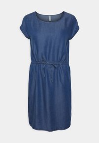 Denim mekko, jossa on pyöreä kaula-aukko, lyhyet hihat, kiristettävä vyötärö ja rento malli. Ominaisuuksiin kuuluu yksivärinen tummansininen väri ja sileä rakenne.