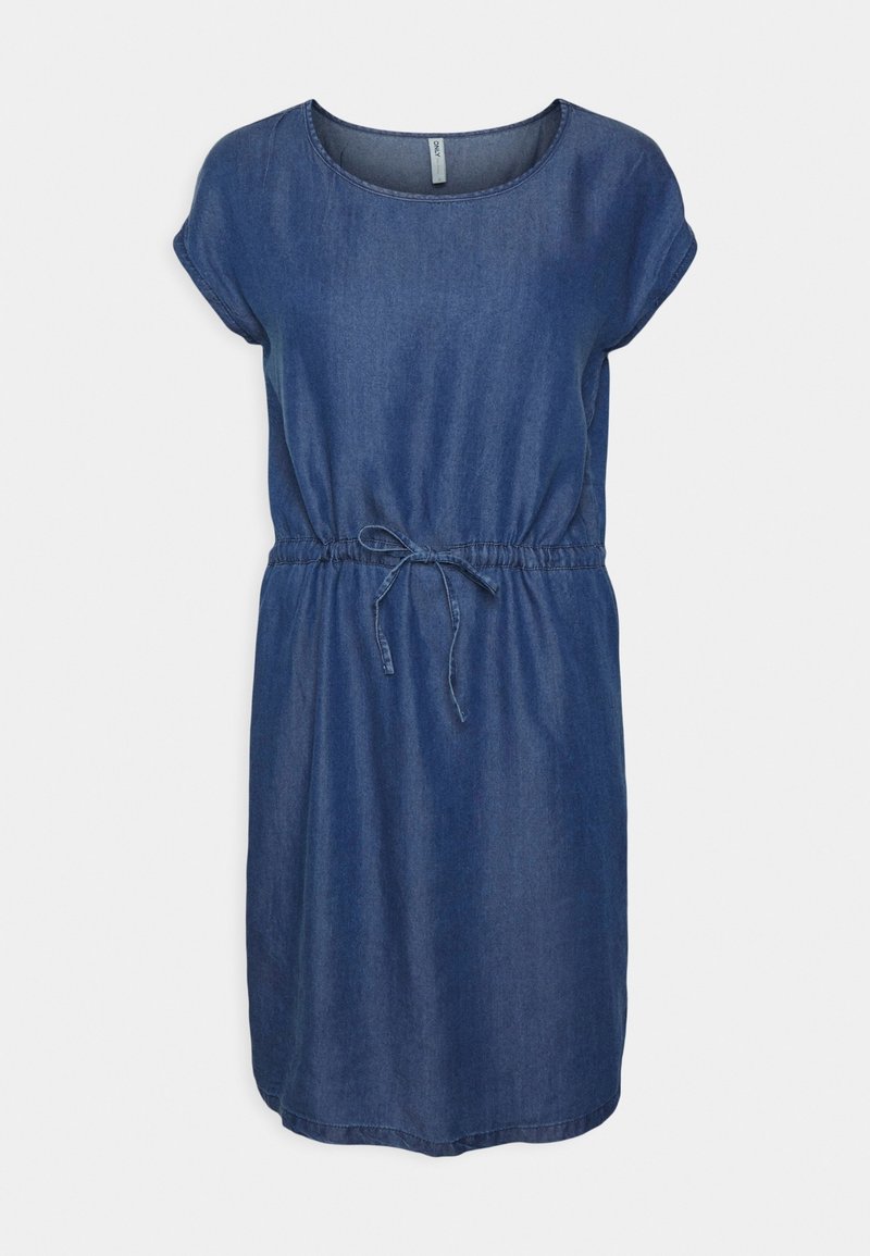 Denim mekko, jossa on pyöreä kaula-aukko, lyhyet hihat, kiristettävä vyötärö ja rento malli. Ominaisuuksiin kuuluu yksivärinen tummansininen väri ja sileä rakenne.