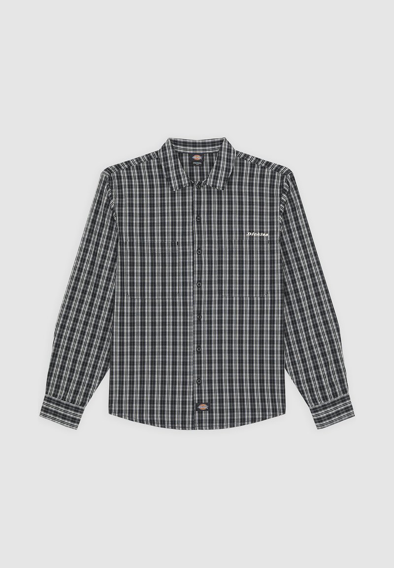 Camicia a maniche lunghe con motivo a quadri bianco e nero, con collo abbottonato, bottoni frontali e un piccolo logo sul petto.