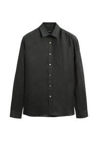 Zwarte linnen lange mouwen blouse met een gestructureerde kraag, knopen aan de voorkant en een licht gestructureerde afwerking. Eenvallig ontwerp, geen patronen of accenten.