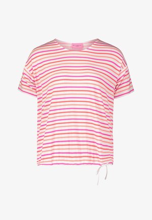 Kortærmet, cropped T-shirt i pink og hvide striber. Blødt stof med snøredetalje i kanten. Rund halsudskæring.