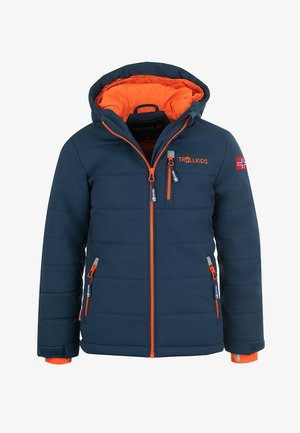 Dark blue puffer jacket with orange accents, zippered pockets, and a hood. Features a logo on the chest and a textured finish.