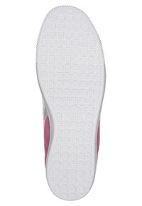 Suola di scarpa in gomma bianca con motivo geometrico testurizzato, con un accento rosa liscio sui lati. Design durevole e antiscivolo.