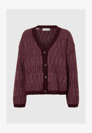 Burgundy knit cardigan with a textured block pattern, V-neck, and five buttons down the front. Soft fabric with ribbed cuffs and hem.