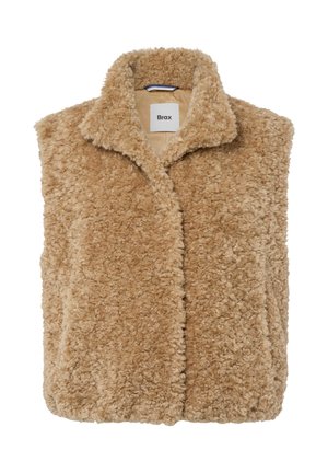 Beige-farbenes Kunstpelz-Westen mit Kragen, vorderem Verschluss und einer weichen, strukturierten Oberfläche. Etikett innen sichtbar. Keine Taschen oder zusätzlichen Details.