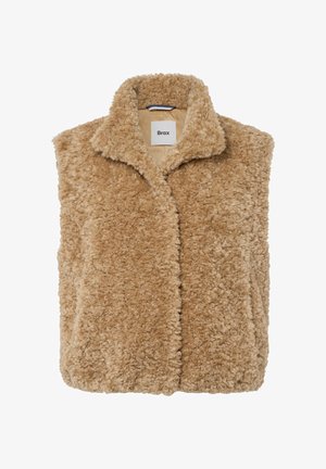 Beige-farbenes Kunstpelz-Westen mit Kragen, vorderem Verschluss und einer weichen, strukturierten Oberfläche. Etikett innen sichtbar. Keine Taschen oder zusätzlichen Details.