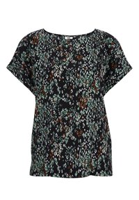 Blusa a maniche corte in tessuto nero con un motivo geometrico multicolore che presenta accenti verde, marrone e bianco; vestibilità rilassata.