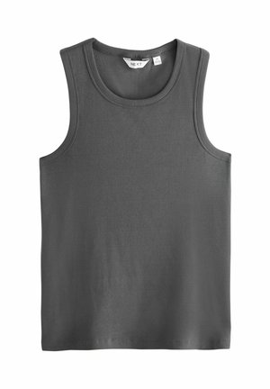 Débardeur sans manches gris avec une texture côtelée et un col rond. L'étiquette à l'intérieur indique la taille M de la marque NEXT.