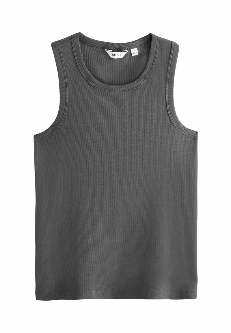 Débardeur sans manches gris avec une texture côtelée et un col rond. L'étiquette à l'intérieur indique la taille M de la marque NEXT.