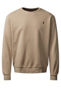 Sweat-shirt beige à manches longues avec col rond, poignets et ourlet côtelés, présentant une petite silhouette noire brodée sur le côté gauche de la poitrine.