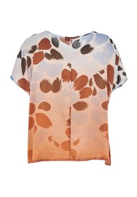 Blusa a maniche corte in tessuto leggero con un motivo in stile acquerello di pennellate marroni, arancioni e blu su sfondo crema.