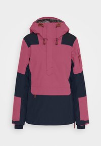 Pink og mørkeblå tofarvet vinterjakke med hætte, forreste lynlås dækket af klap, sidelommer og ærmelommer samt fleeceforing inde i hætten.