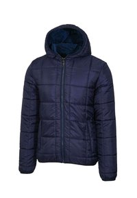 Giubbotto imbottito blu navy con cappuccio, caratterizzato da un design trapuntato, chiusura anteriore con zip e polsini elastici. Tessuto liscio e resistente all'acqua.