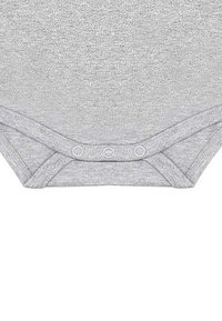 Gray cotton bodysuit with a soft texture, featuring snap closures at the bottom and diagonal leg openings. Seamless edges enhance comfort.