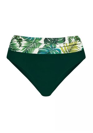 Bikini w wysokim stanie, z marszczonym górnym elementem w zielono-białe wzory liści dżungli oraz dolną częścią w jednolitym ciemnozielonym kolorze. Gładka powierzchnia, elastyczny materiał.