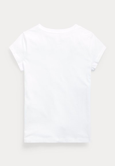 T-shirt blanc uni à manches courtes vu de dos sur un fond neutre.