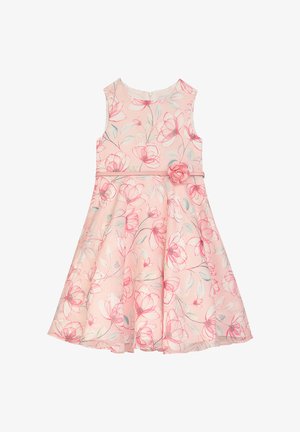 Blumenkleid mit pinker Basis und hellblauen sowie roten Blumenmustern, Rundhalsausschnitt, ärmelloses Design und Taillenbetonung mit einer Blume.