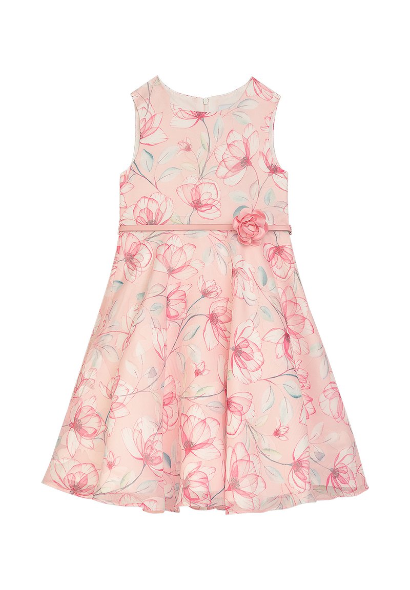 Blumenkleid mit pinker Basis und hellblauen sowie roten Blumenmustern, Rundhalsausschnitt, ärmelloses Design und Taillenbetonung mit einer Blume.