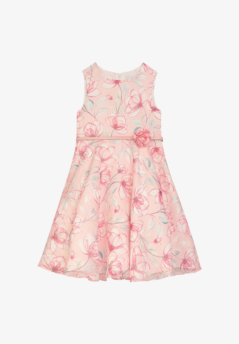 Blumenkleid mit pinker Basis und hellblauen sowie roten Blumenmustern, Rundhalsausschnitt, ärmelloses Design und Taillenbetonung mit einer Blume.