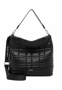 Black quilted handbag made of textured synthetic material. Features a rounded top, adjustable strap, and brand label stitched on the front.