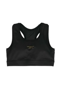 Black racerback sports bra with mesh panel and small gold "Swedemount" logo on front center.