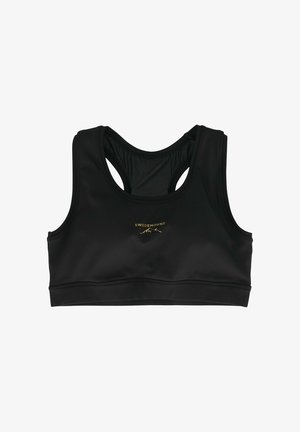 Zwarte racerback sportbeha met een mesh-paneel en klein gouden "Swedemount" logo in het midden van de voorkant.