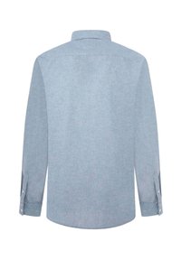 Lichtblauw overhemd met lange mouwen, gemaakt van textuurstof. Heeft een button-down kraag en knoopmanchetten. Glad, effen van kleur zonder patronen.