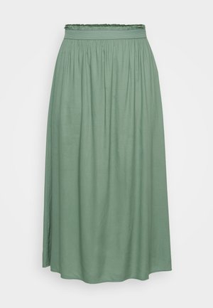 Green midi skirt with a gathered elastic waistband, smooth texture, and flowing design, featuring a slight A-line shape and no patterns.