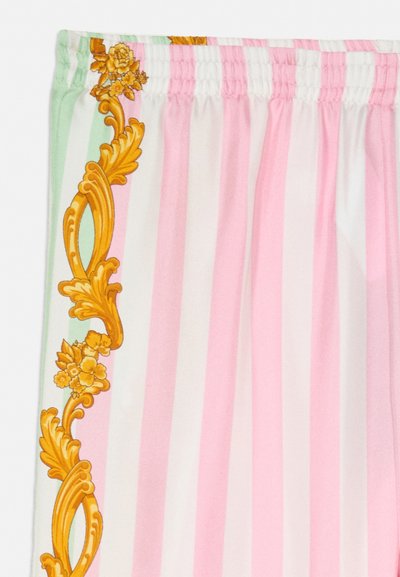 Ružovo-biele vertikálne pruhované látky s elastickým pásom a ozdobným zlatým kvetinovým barokovým vzorom na boku.