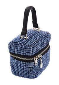 Borsa blu decorata con strass, dotata di manico in pelle nera e zip argentata. Forma compatta e rettangolare con superficie testurizzata.