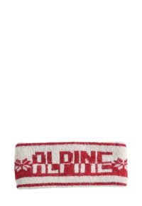 Fehér és piros kötött fejpánt. "ALPINE" felirattal és hópehely díszítéssel. Puha tapintású, csíkos szegélyekkel. Téglalap alakú.