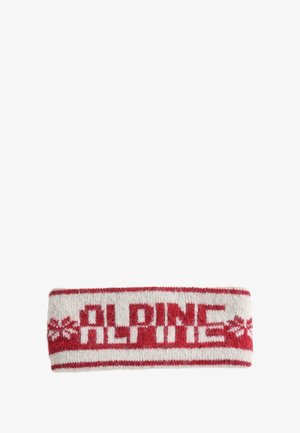 Knit headband in white and red. Features "ALPINE" text with snowflake accents. Soft texture with striped edges. Rectangular shape.