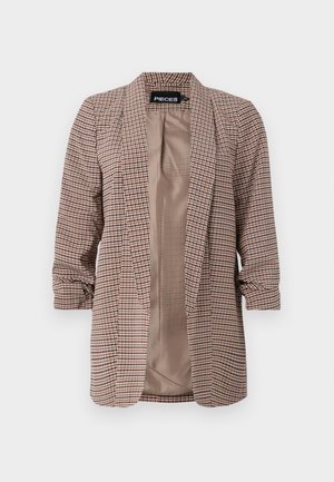 Checkered blazer in brown and beige with a lightweight fabric, open front, and rolled sleeves. Features a smooth inner lining.