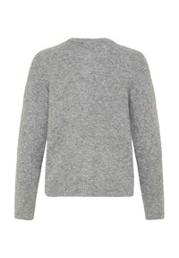 Grauer Pullover mit weicher Textur, rundem Ausschnitt und langen Ärmeln. Mit geripptem Saum und Bündchen, wirkt einfach und klassisch im Design.