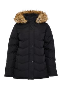 Sort puffjakke med en aftagelig tan-farvet faux fur-hood, med lynlås og trykknap lukning, quiltet tekstur og sidelommer.