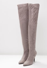 Botas grises por encima de la rodilla con punta puntiaguda, hechas de un material suave similar a la gamuza. Cuentan con un cierre lateral oculto y un tacón de aguja delgado.
