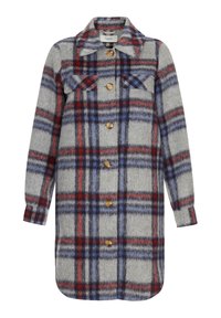 Abito camicia a quadri grigi con linee blu, rosse e nere. Presenta un colletto, due tasche sul petto, maniche lunghe e bottoni di legno. Tessuto morbido.