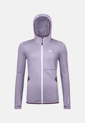 Light purple zip-up jacket with a fitted hood, front pockets with gray accents, and white zipper. Features a logo on the chest.