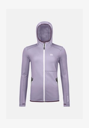 Light purple zip-up jacket with a fitted hood, front pockets with gray accents, and white zipper. Features a logo on the chest.