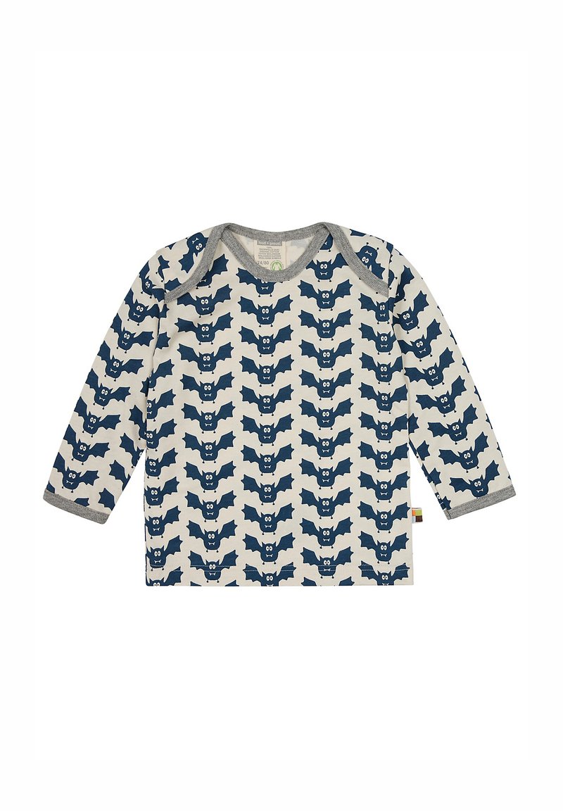 Camicia a maniche lunghe color crema con motivo pipistrello blu, collo e polsini grigi, in morbido cotone, con un piccolo etichetta colorata all'orlo.