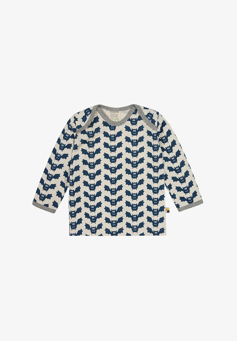 Lange mouw blouse in crème met een blauw vleermuispatroon, grijze halslijn en mouw- manchetten, gemaakt van zachte katoen, met een klein gekleurd label aan de zoom.