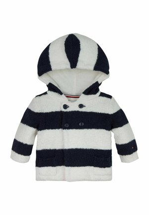 Giacca a vento a righe con cappuccio nei colori blu navy e bianco, tessuto testurizzato, bottoni doppi e tasche laterali.